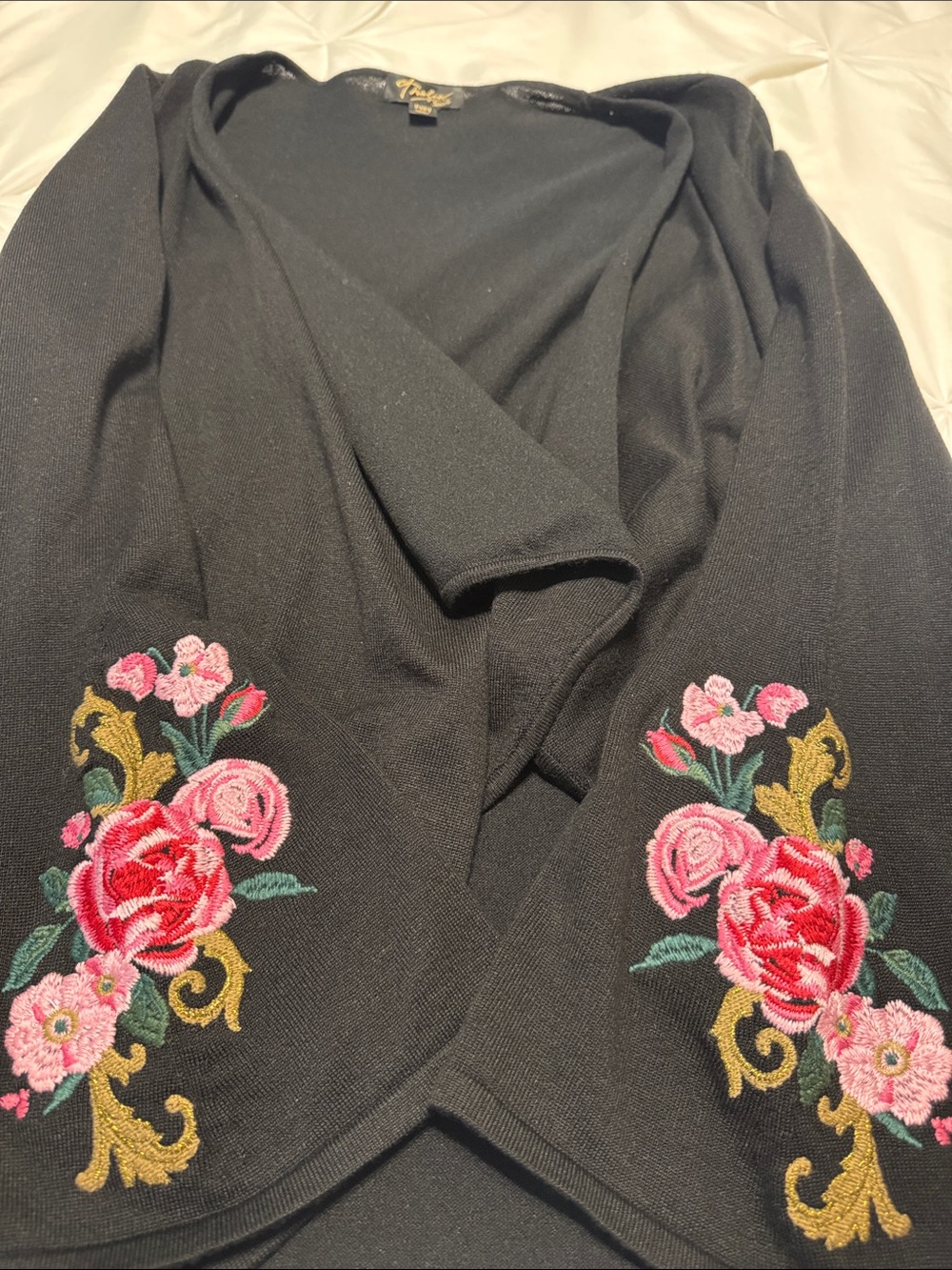 Black Draped Open Front Women's Sweater Cardigan with Embroidered Florals 0122